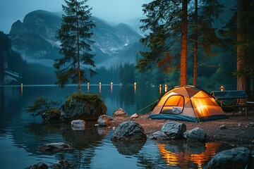 orange interior lit tent on a lake at dusk 32k