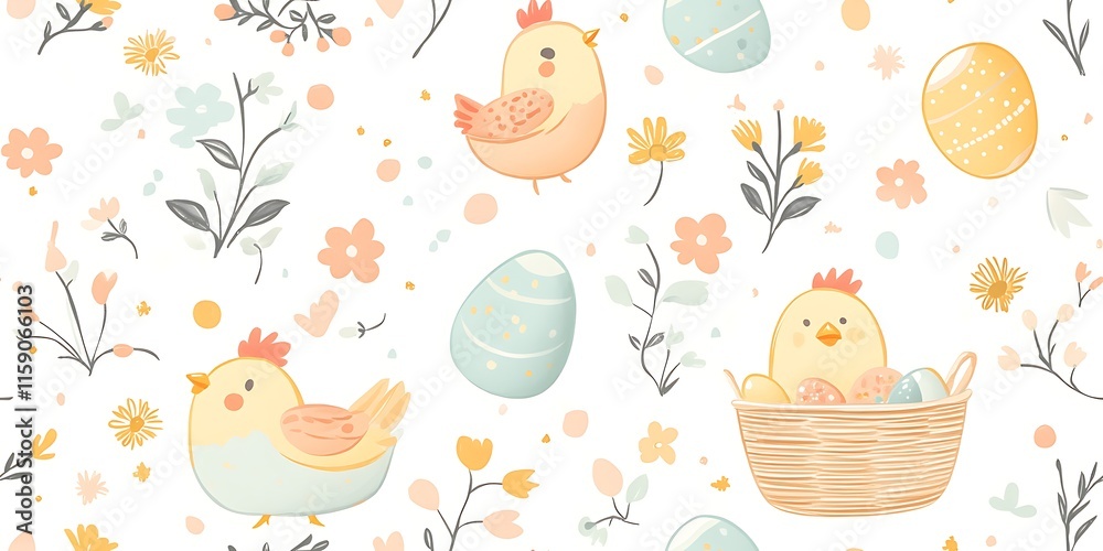 Sticker Cute pastel Easter seamless pattern with Easter baskets, eggs, and chicks