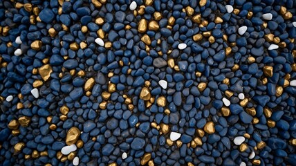 Fototapeta premium Texture composed of the dry soil surface in dark blue tones with small gold and white stones, seen from above. Good for abstract dark blue background. floor