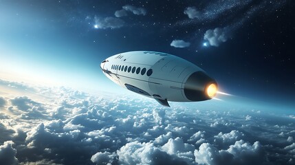 Naklejka premium Futuristic Spaceship Soaring Above Cloud Cover