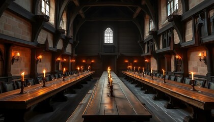 Fototapeta premium A Medieval Great Hall with Long Tables and Candlelight