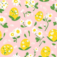 Cute pink Easter pattern with yellow and white eggs, flowers, and hearts