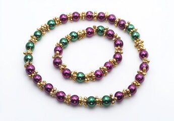 Fototapeta premium Elegant Colorful Beaded Necklaces Featuring Green and Purple Pearls with Gold Accents Perfect for Festive Occasions and Fashion Accessories