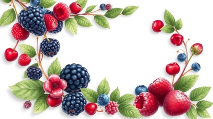 Square frame made of juicy summer berries with a botanical wreath in the middle, featuring blueberry, blackberry, cherry, and raspberry, wreath, digital, blackberry