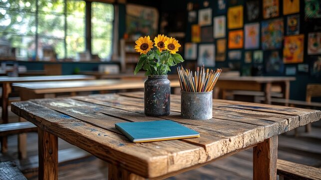 Sunflowers, paintbrushes, and notebook on rustic wooden table in art studio.