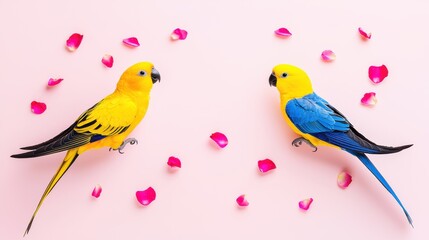 Colorful parrots surrounded by petals studio setting photography romantic vibe