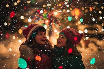 Joyful sisters laugh and enjoy the festive holiday spirit outside.