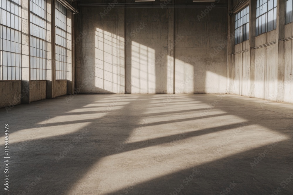 Poster a glowing lightbulb in the center of a dark warehouse, casting dramatic shadows across the vast empt