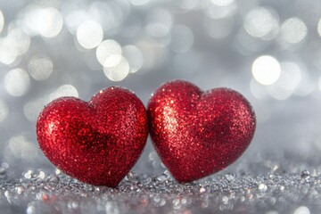 Fototapeta premium Glittery Red Hearts on Shimmering Background