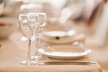 Table set for an event party or wedding reception. Banquet table design