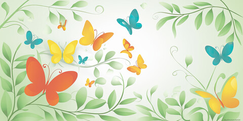 Spring Butterflies Green Leaves Nature Background