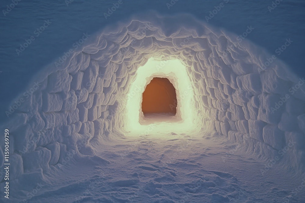 Poster a hyper-realistic close-up of an igloo entrance, with frost glistening on the snow bricks and warm l