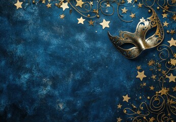 Elegant golden mask on a rich blue background adorned with swirling decorations and sparkling stars, perfect for festive celebrations and masquerades.