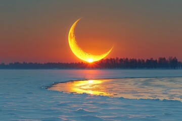 twilight sky with the crescent moon in winter