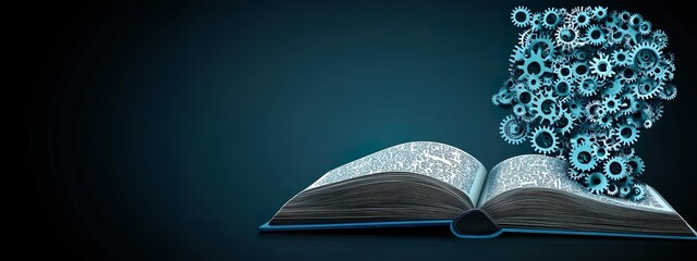 Mechanical Gears Rising From Open Book Symbolizing Creativity And Technology
