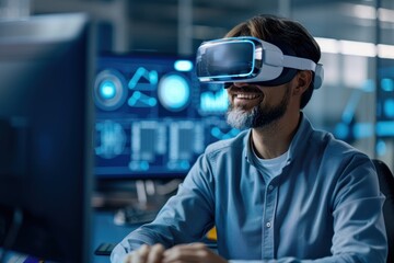 A man wears VR goggles, smiling as he engages with virtual reality technology in a modern, tech-focused environment.