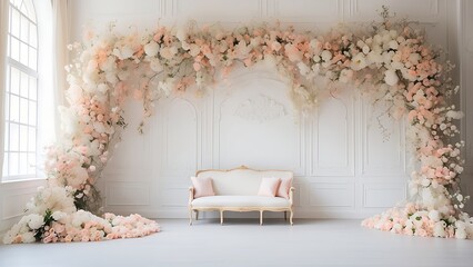 Photography backdrops with delicate flowers and white walls, wedding backdrops, and maternity backdrops