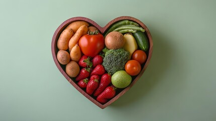Fresh Fruits and Vegetables in Vibrant Heart-Shaped Bowl