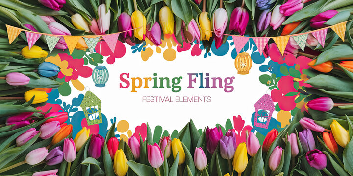 Spring Fling Festival Colorful Tulips Lanterns Bunting