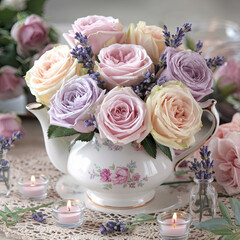 Pastel Roses Lavender Teapot Floral Arrangement Home Decor