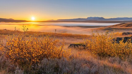 Golden sunrise over misty lake and autumnal landscape.