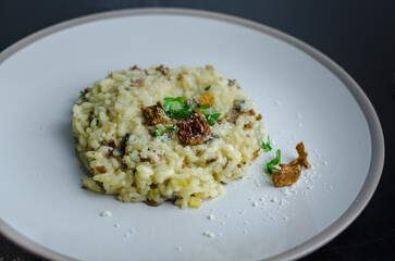Mushroom risotto on a white plate, top view and close-up
