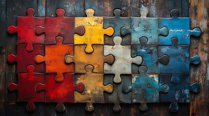 Colorful jigsaw puzzle pieces arranged on a rustic wooden surface.