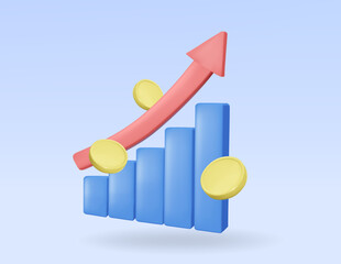 3D illustration, vector rendering of a blue bar graph icon showing progress. With rising red arrows and golden coins floating around, financial growth concept. success in business and wealth