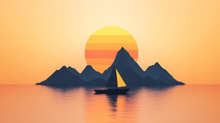 Serene Sunset: Minimalist Digital Illustration of Sailboat Gently Drifting Near Mountains. AI Generated