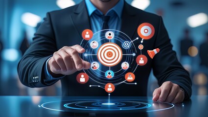 Fototapeta premium Businessman interacting with digital marketing icons on a futuristic interface