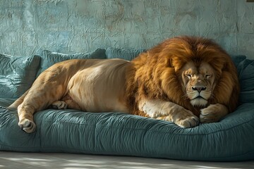 Majestic Lion Resting on Teal Sofa Indoor Setting Peaceful Serene Atmosphere