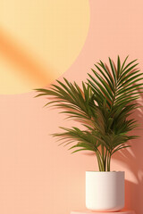 Minimalist indoor plant with peach background and circular light