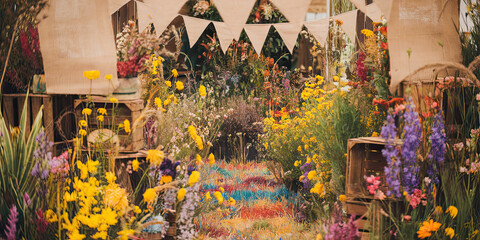 Fototapeta premium Vibrant Wildflower Garden Display Summer Floral Market Rustic Wooden Crates Colorful Flowers