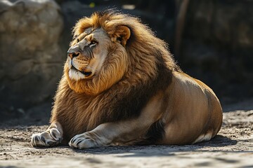 Naklejka premium Majestic Male Lion Resting in the Sun: A Captivating Portrait of a King