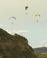 Three colorful paragliders gracefully glide above a lush coastal cliff, bathed in soft, warm light. The image captures a sense of freedom and adventure against the backdrop of a clear sky. The vibrant