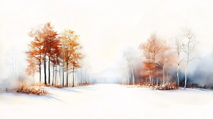 Serene Watercolor Painting: Autumn Trees Gently Emerging in a Misty Winter Landscape. AI Generated