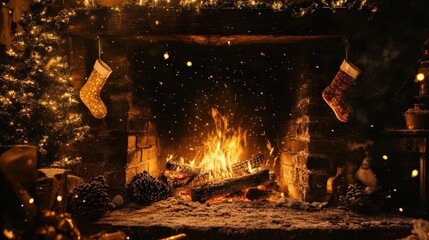 Fototapeta premium Cozy christmas fireplace scene with stockings and snowflakes winter wonderland visual serenity indoor warm atmosphere