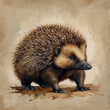 Watercolor drawing of an echidna in vintage style for the design of magazines, books, textbooks, web, cards