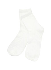Pair of soft socks isolated on white, top view