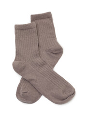 Pair of soft socks isolated on white, top view
