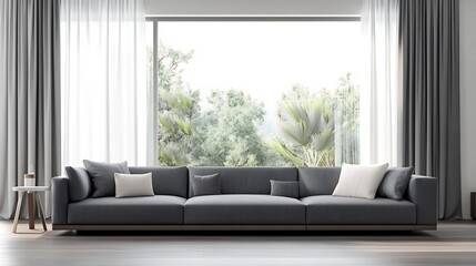 Serene Modern Sofa Photo: Wide Shot Interior Design Mockup, Tranquilly Displayed Near Large Window. AI Generated