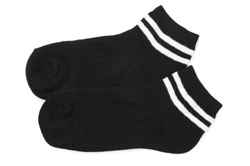 Pair of soft socks isolated on white, top view
