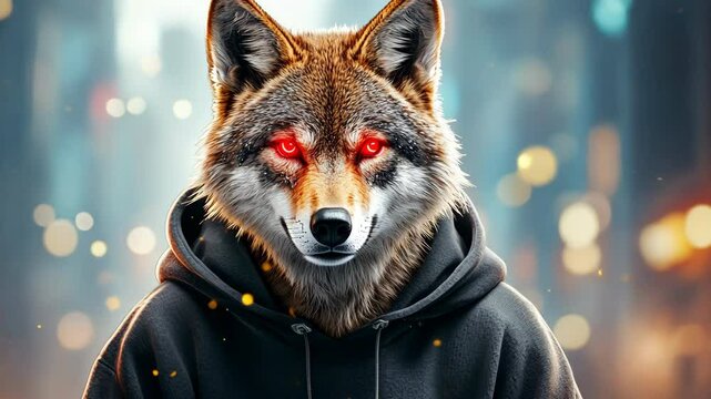 A cybernetic wolf wearing a sleek black hoodie, its glowing red eyes piercing through the darkness as it prowls through a futuristic neon lit cityscape.