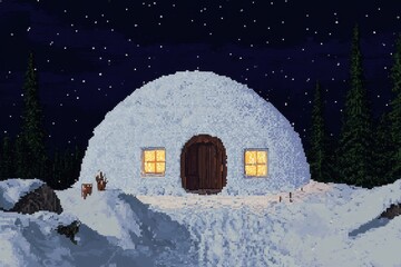 A pixel art igloo with tiny glowing windows, surrounded by snowdrifts and a starry sky, created in bright and cheerful colors