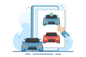 Concept of online car buying website or car rental shop comparison website via internet by choosing car on digital tablet computer, buy and sell web store. Flat vector illustration on background.