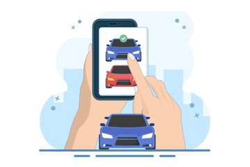 Concept of online car buying website or car rental shop comparison website via internet by choosing car on digital tablet computer, buy and sell web store. Flat vector illustration on background.