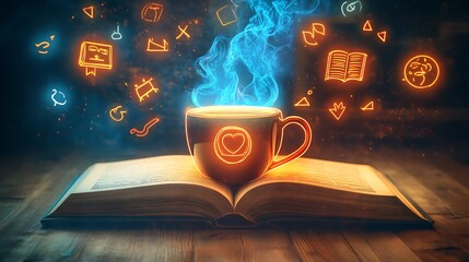 A steaming mug rests on an open book with glowing symbols