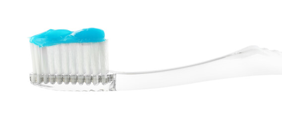 One toothbrush with toothpaste in air isolated on white