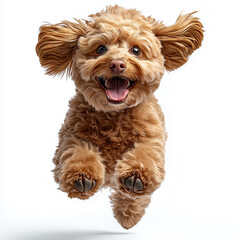 Adorable fluffy puppy jumping with joy on white background
