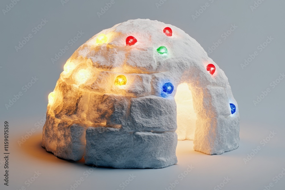 Poster a playful 2d cartoon of an igloo with colorful lights glowing from inside, set against a clean white